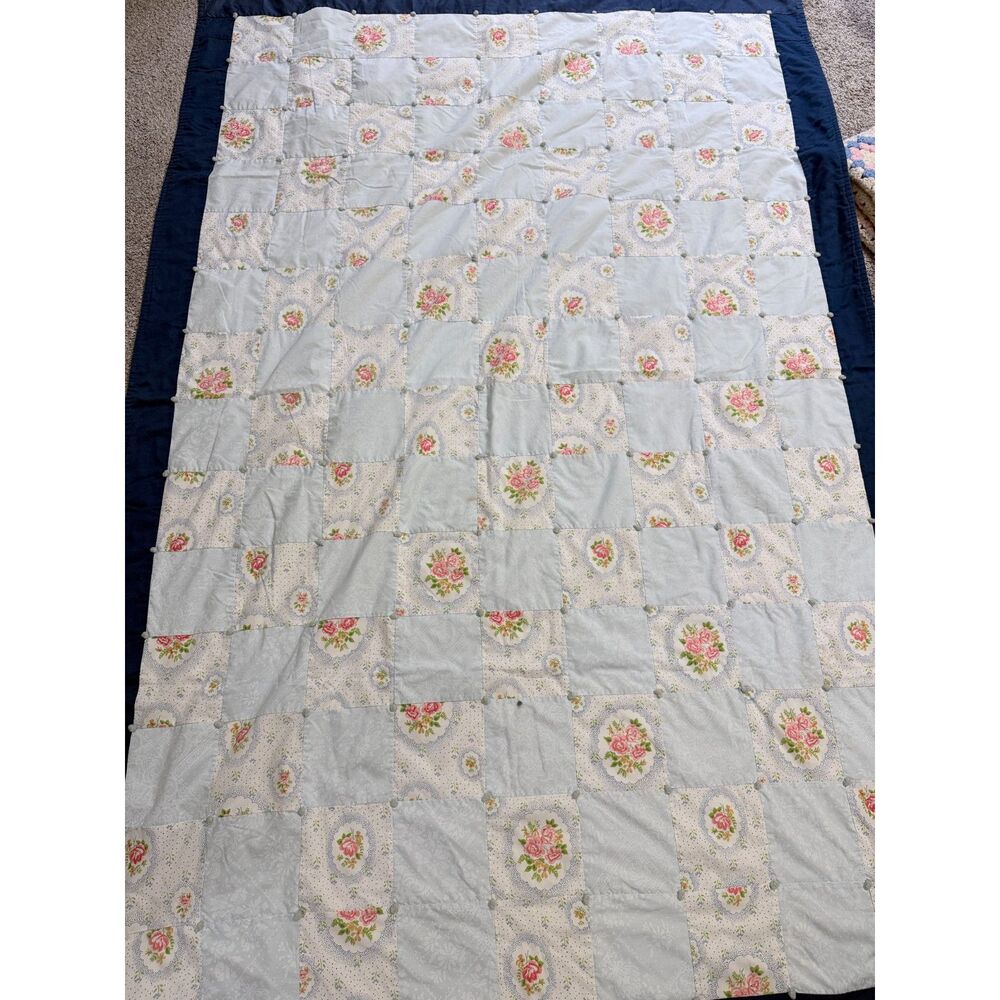 Vintage 1981 Handmade Floral Patchwork Tied Quilt Blue Pink 55x82